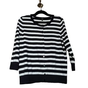 Talbots Navy Blue/ White Striped  Cardigan - 3/4 Sleeve Stretch Cotton - Large